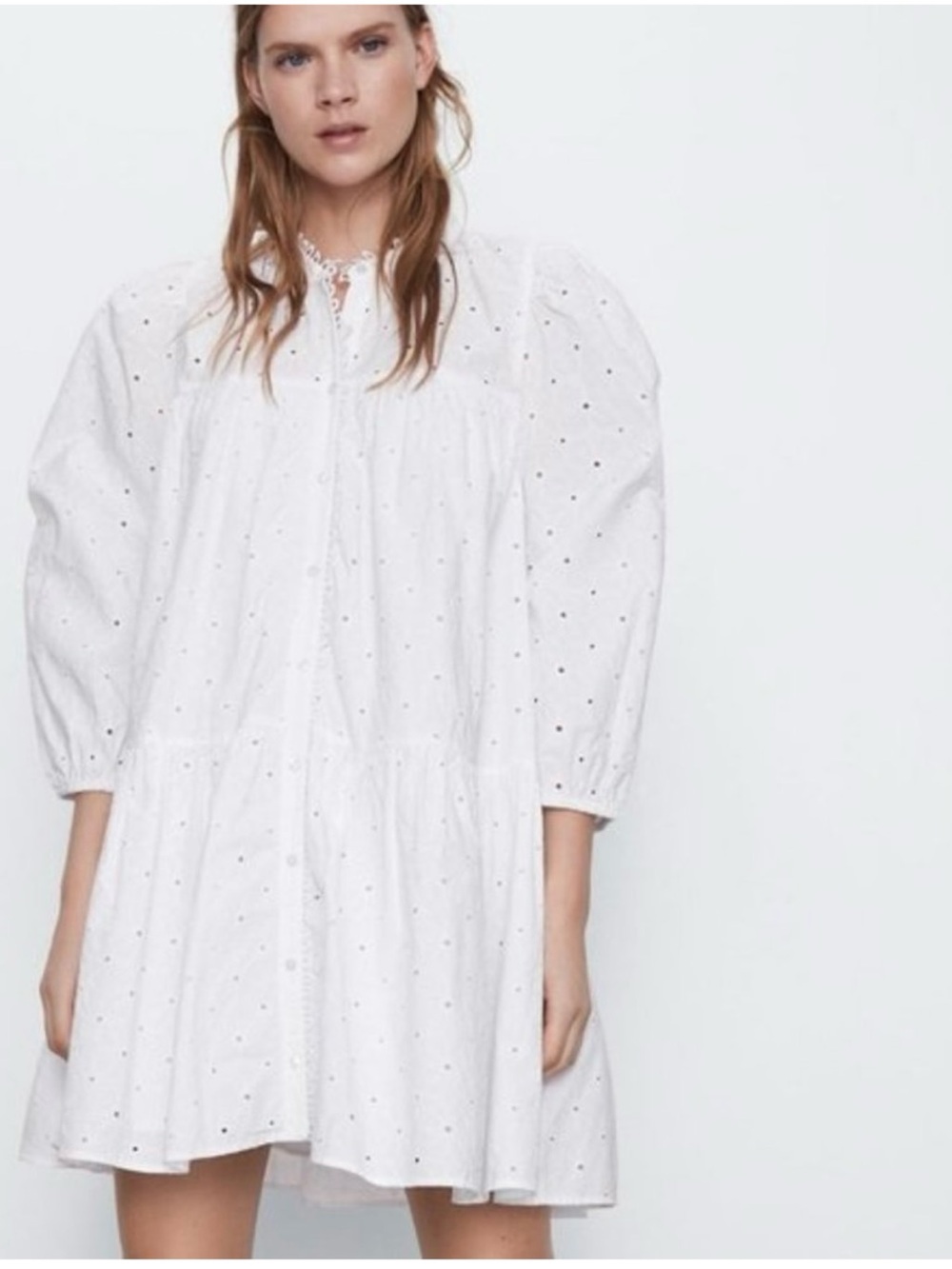 Zara White Eyelet Puff-Sleeve Mini Dress